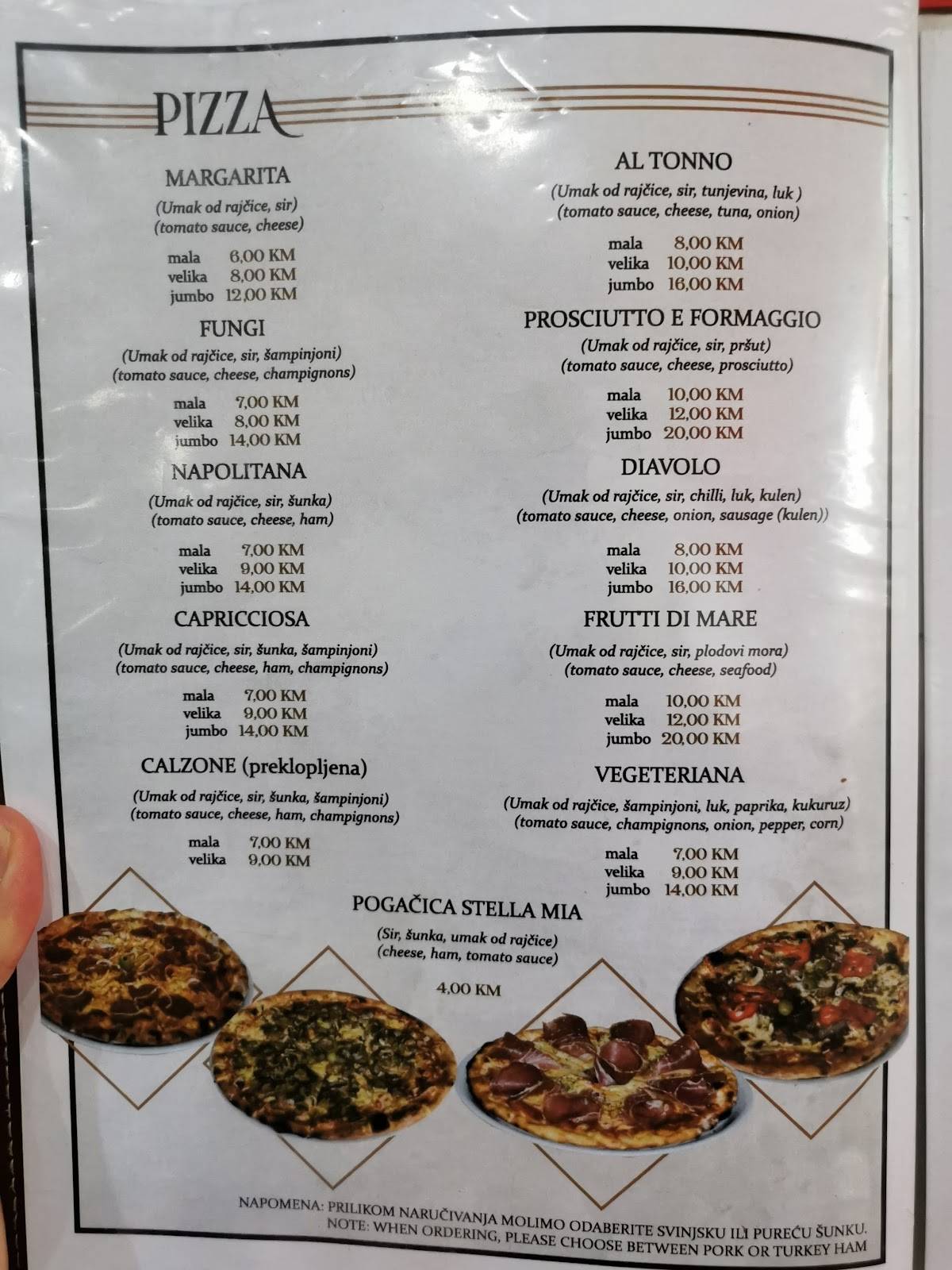 Menu at Stella Mia restaurant, Vitez