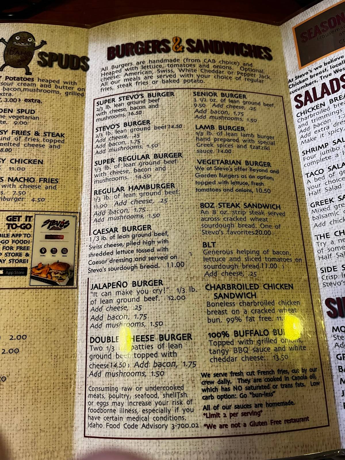 Menu at Stevo's restaurant, Heyburn, 290 S 600 W