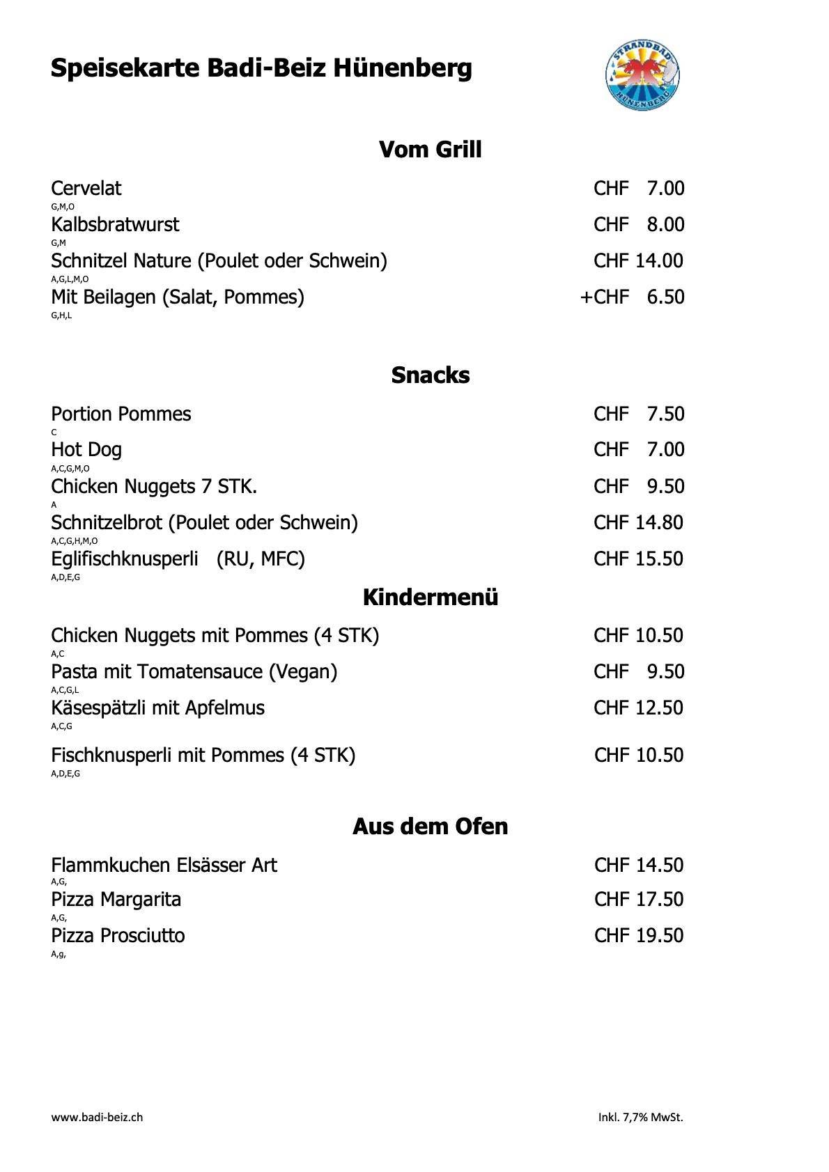 Menu di Strandbad Hünenberg 