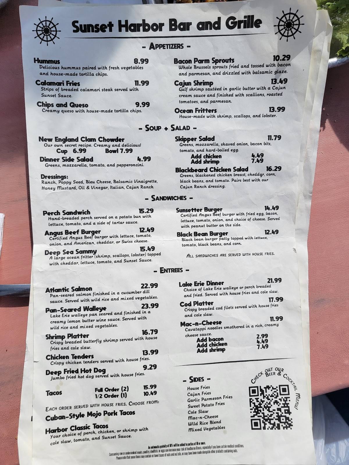 Menu at Sunset Harbor Bar and Grille, Fairport Harbor