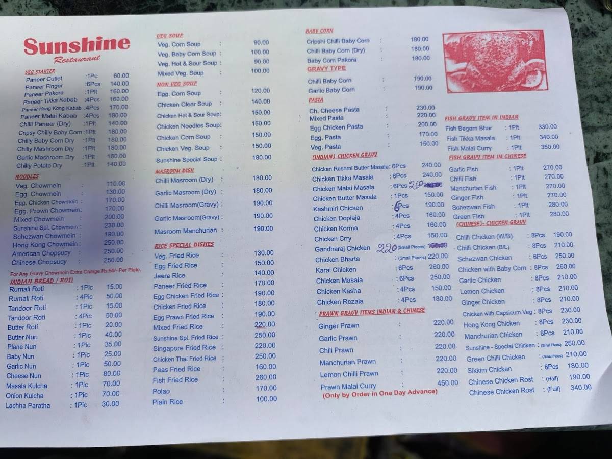 Sunshine Restaurant & Cafe menu
