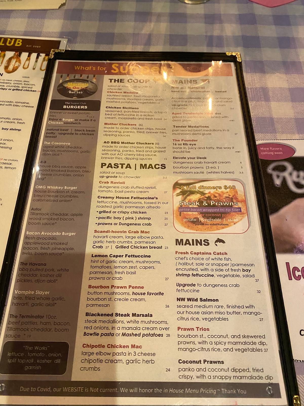 Menu at T. Paul's Supper Club, Astoria