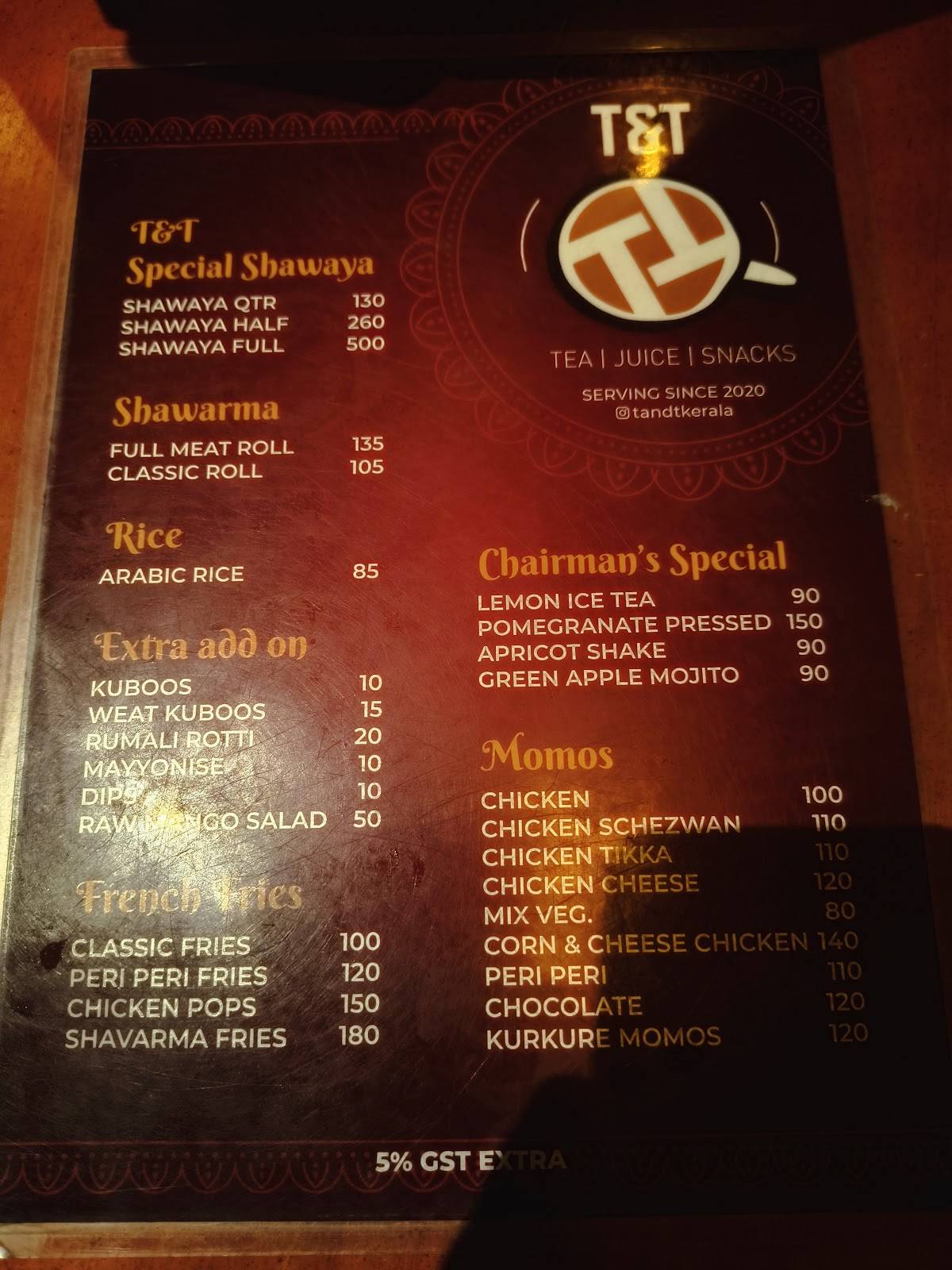 T & T menu