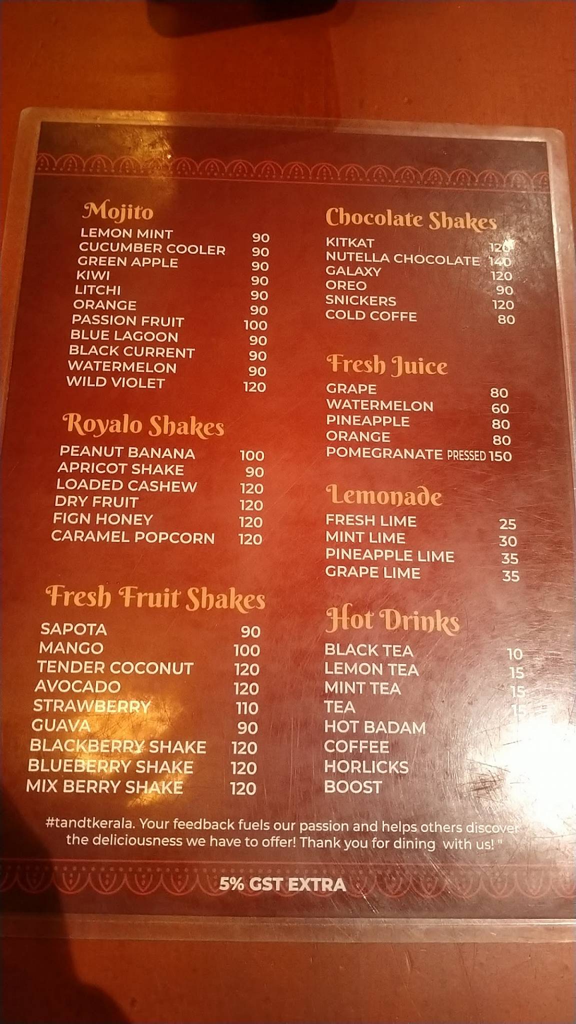 T & T menu