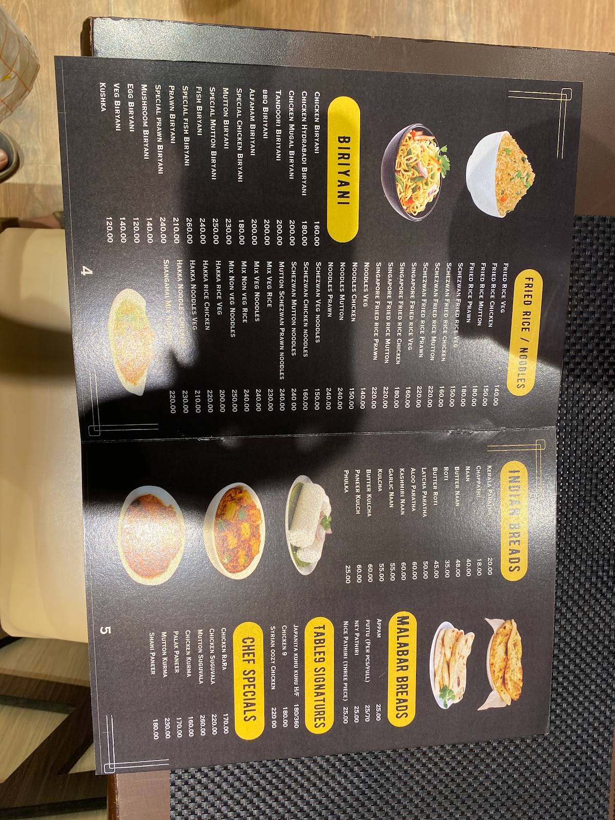Table 9 menu