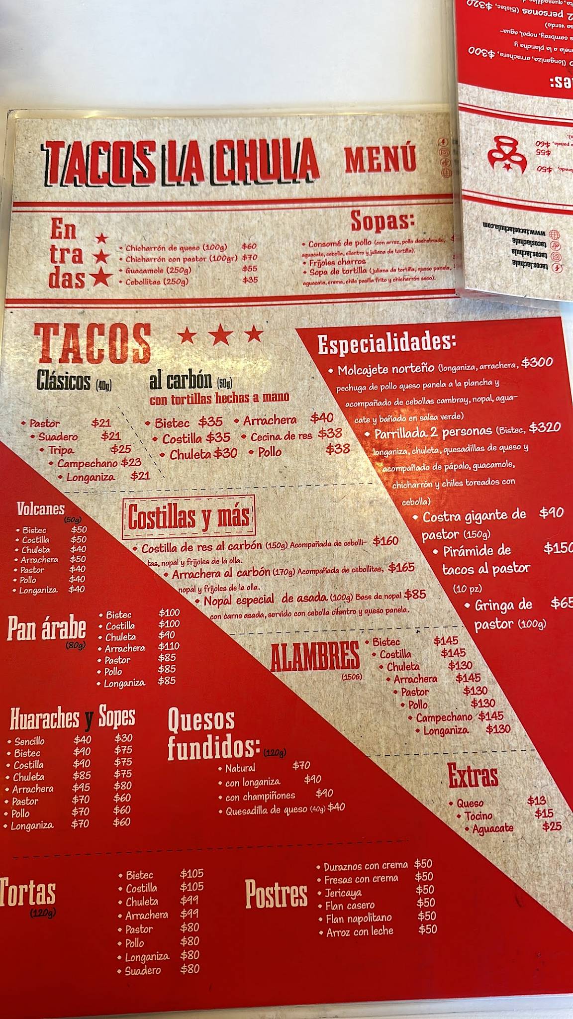 Carta del restaurante Tacos La Chula Revolución, Ciudad del México