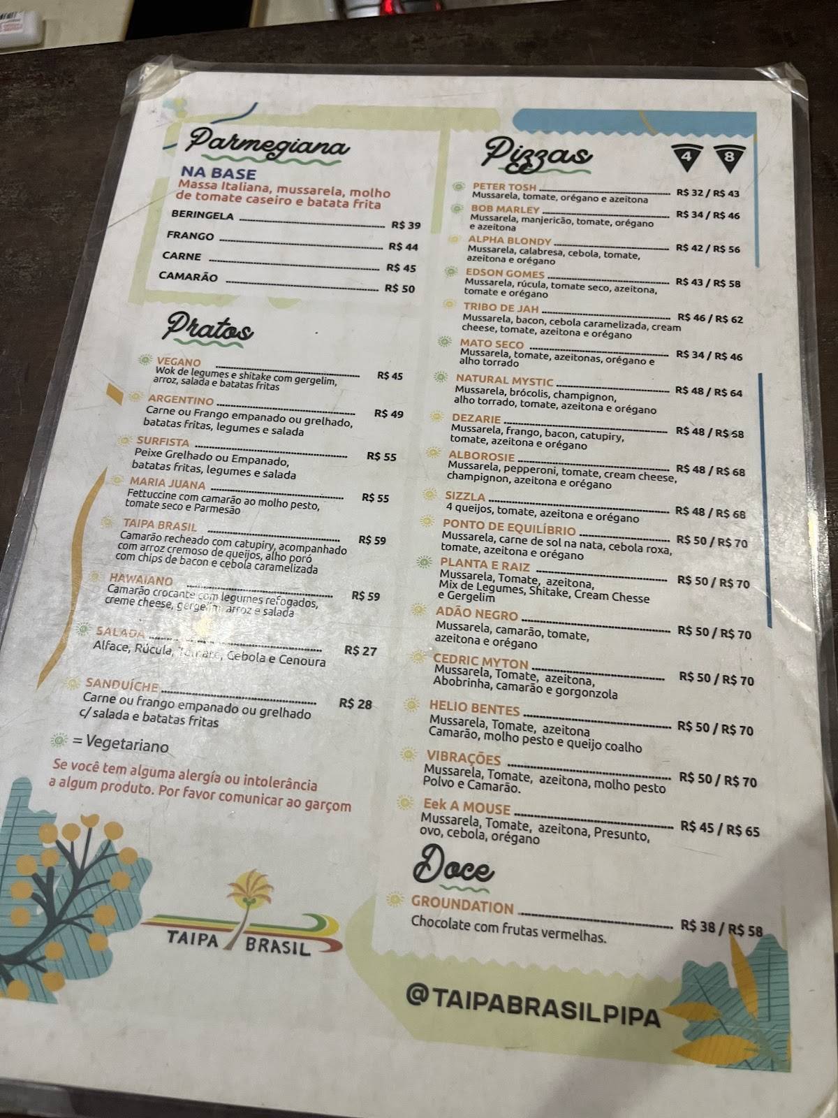 Taipa Brasil cardápio