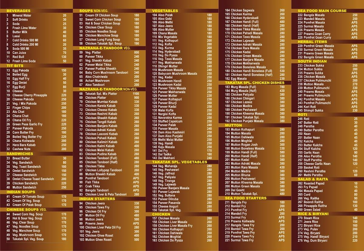 Takatak Restaurant menu