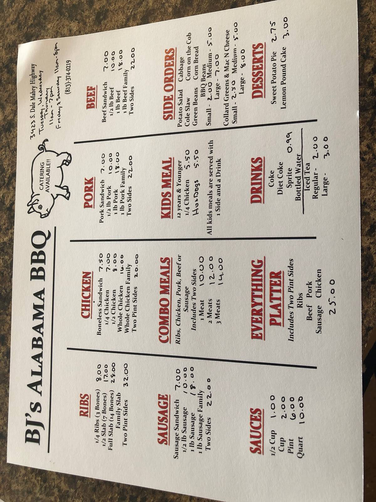 Menu at BJ’s Alabama BBQ!, Tampa
