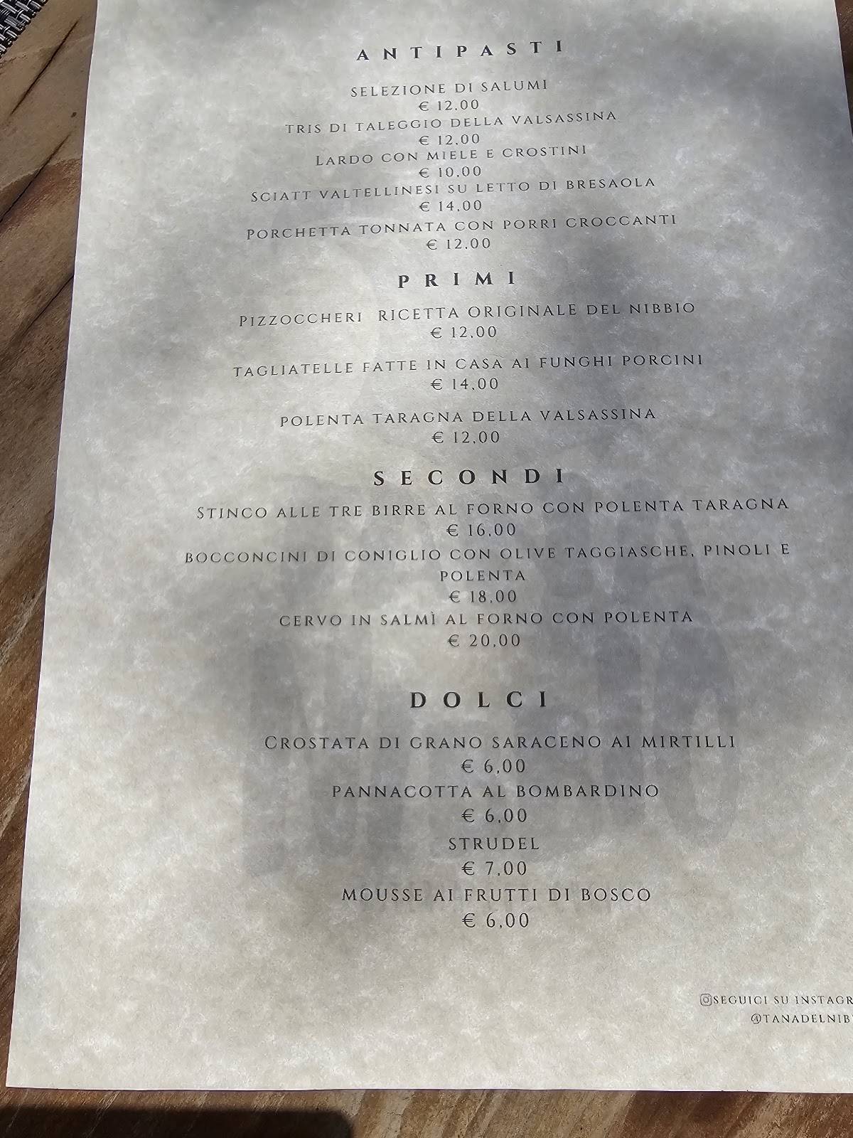 Menu di Tana del Nibbio 