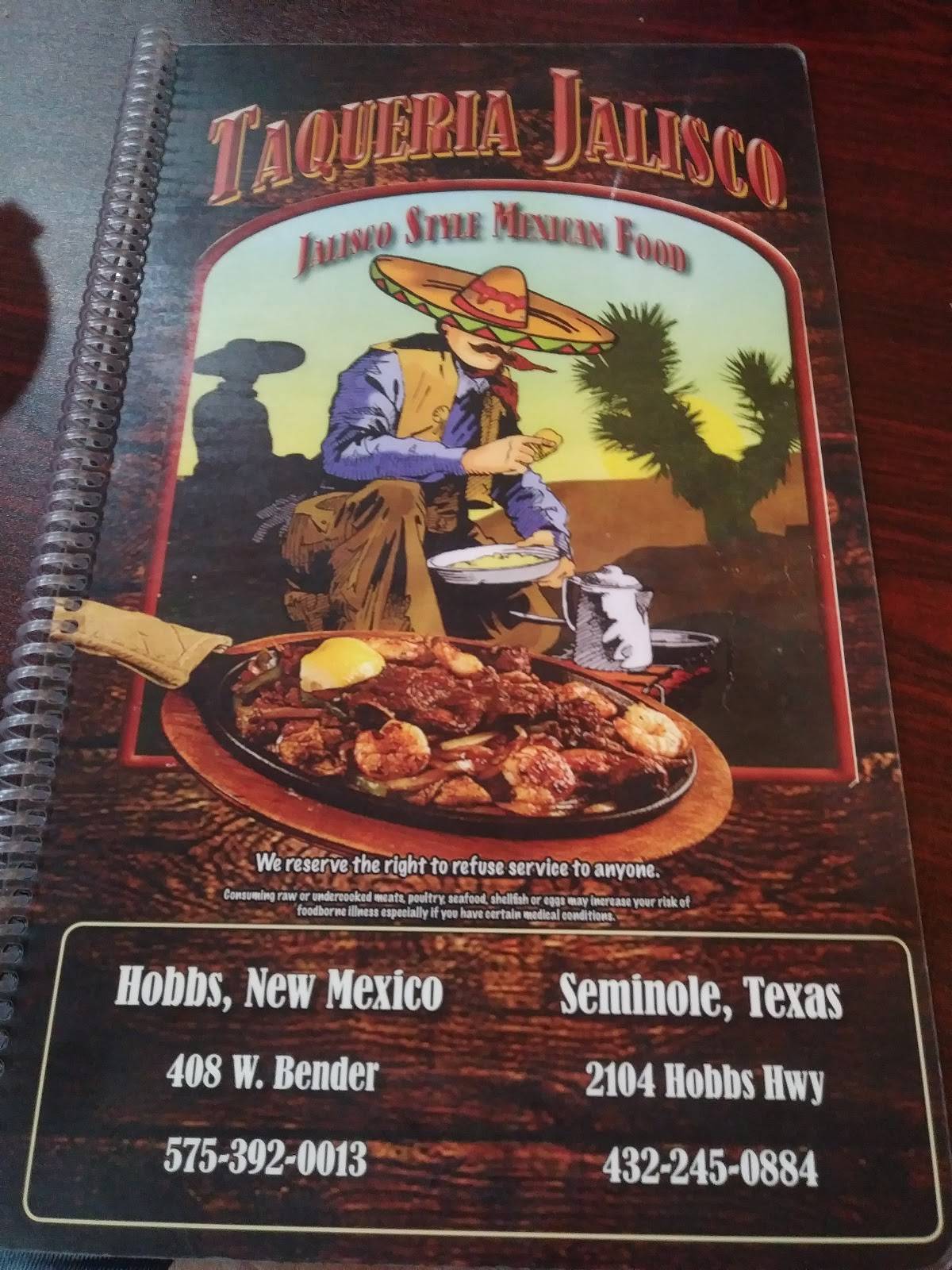 Menu at Taqueria Jalisco restaurant, Hobbs
