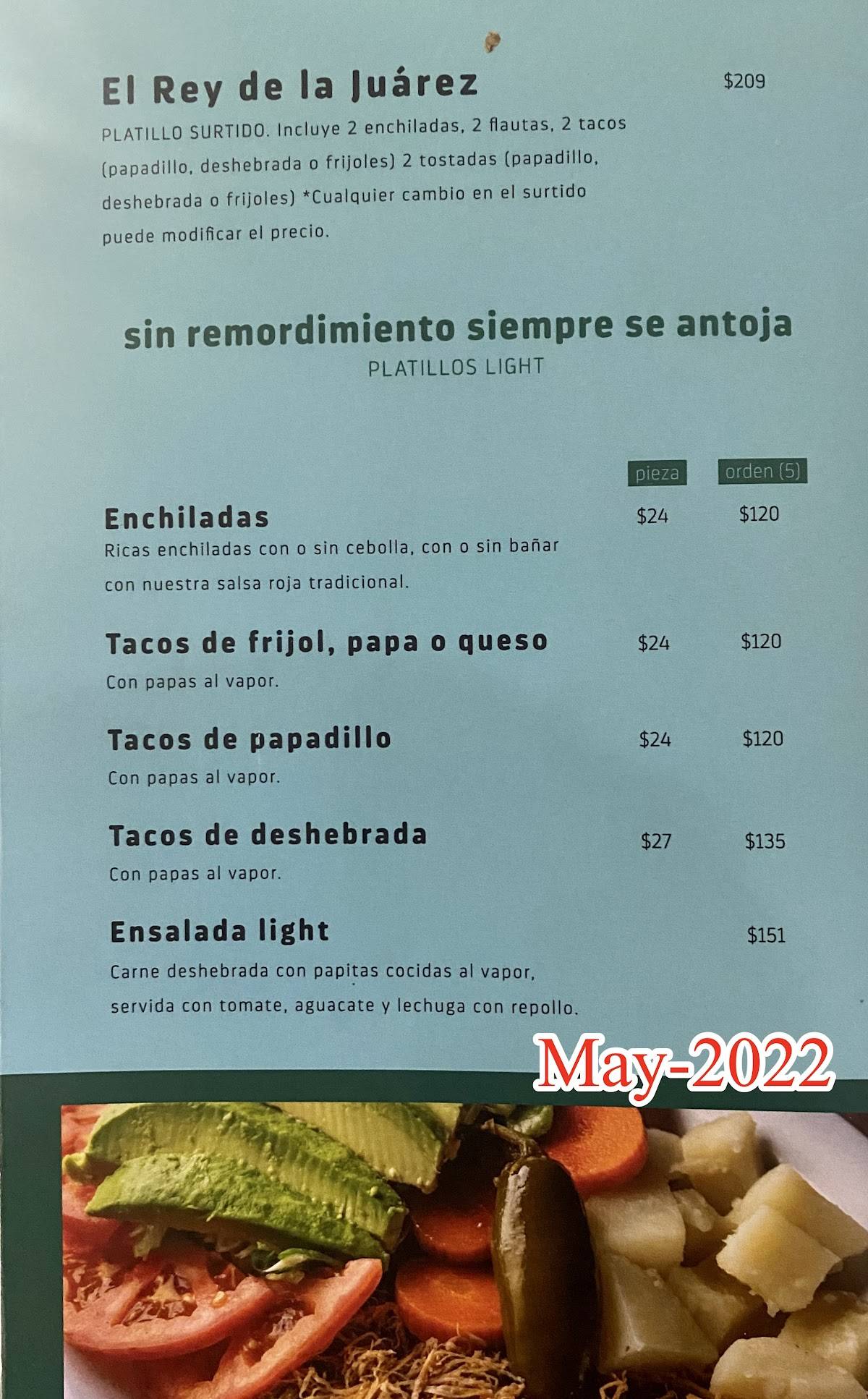 Carta del restaurante Taquería Juárez Sucursal Linda Vista, Guadalupe, Av. Miguel Alemán 210S