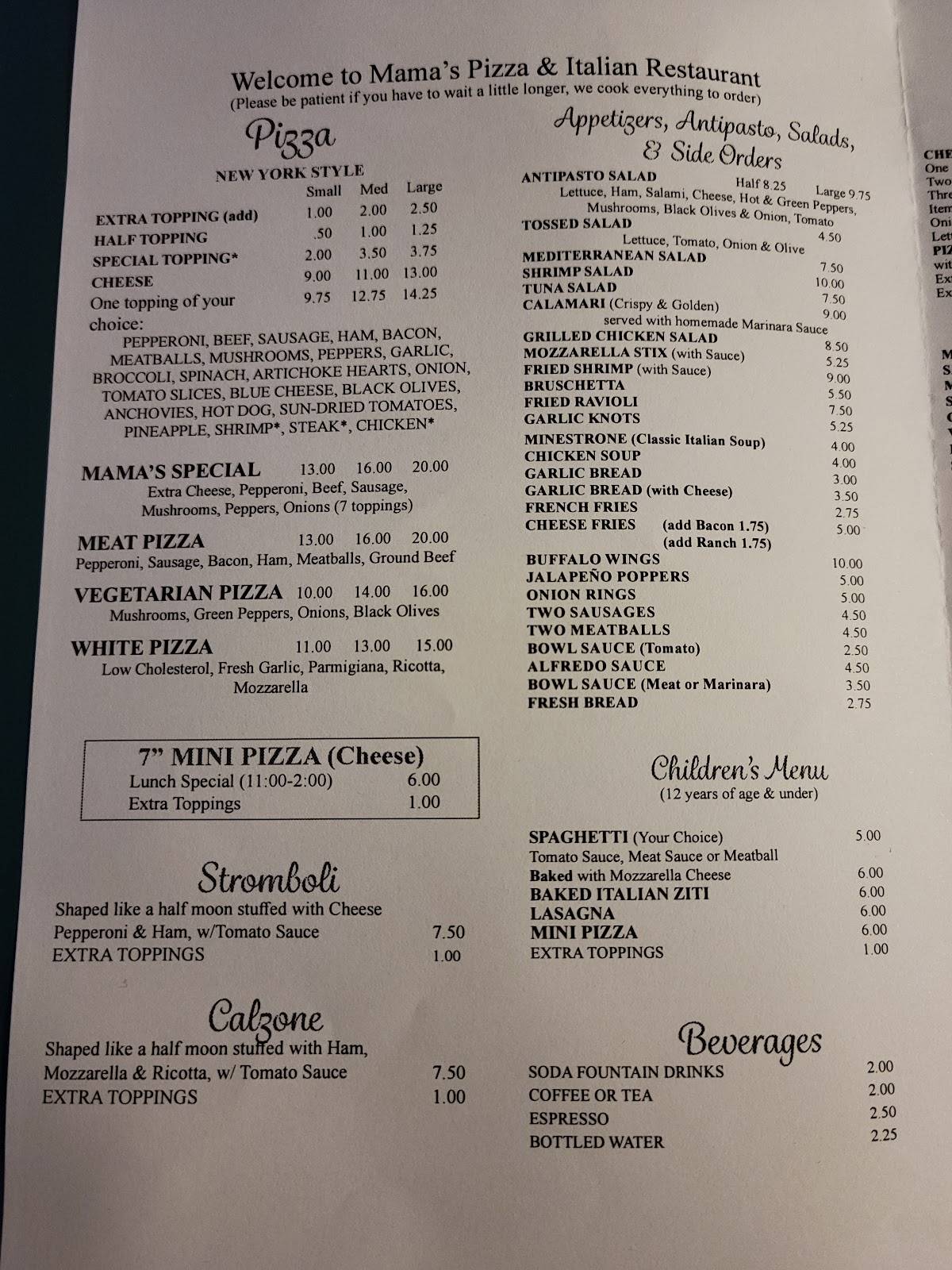 Menu at Mama's Pizza Italian Restaurant, Tarboro