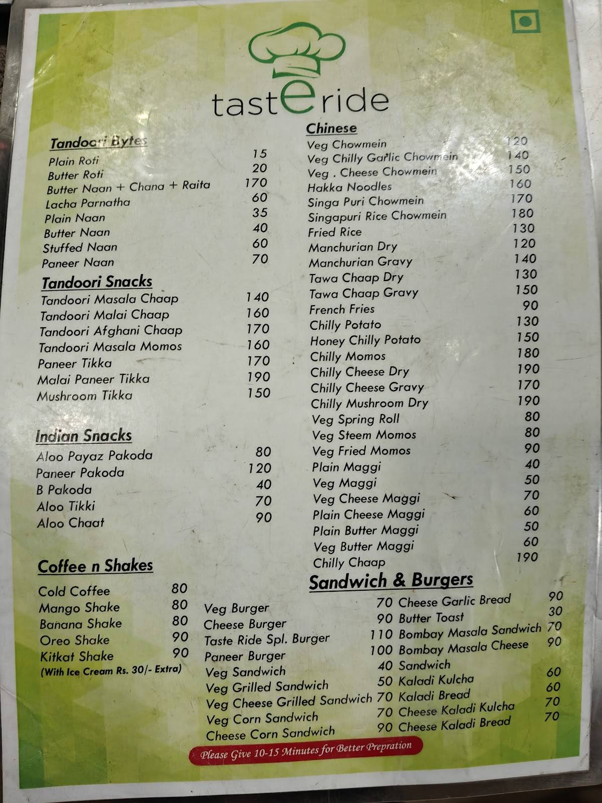 Tasteride Food Point menu