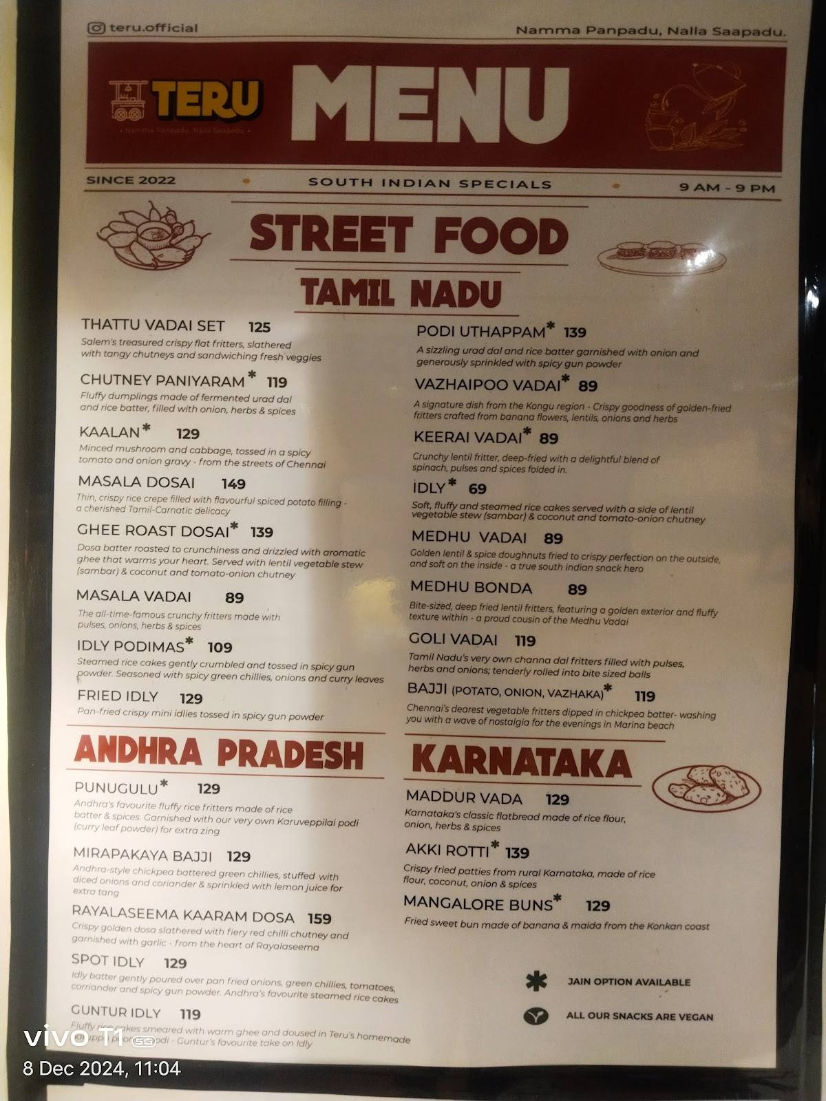 Teru – South Indian Street Food Alwarpet menu