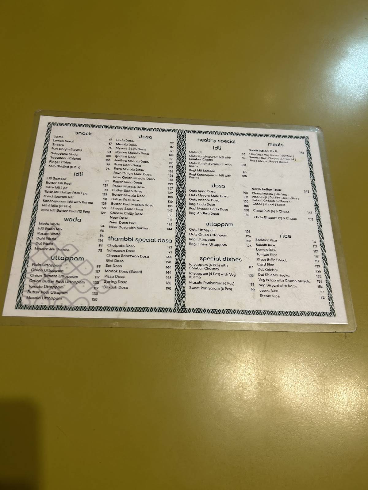 Thambbi Veg Restaurant menu
