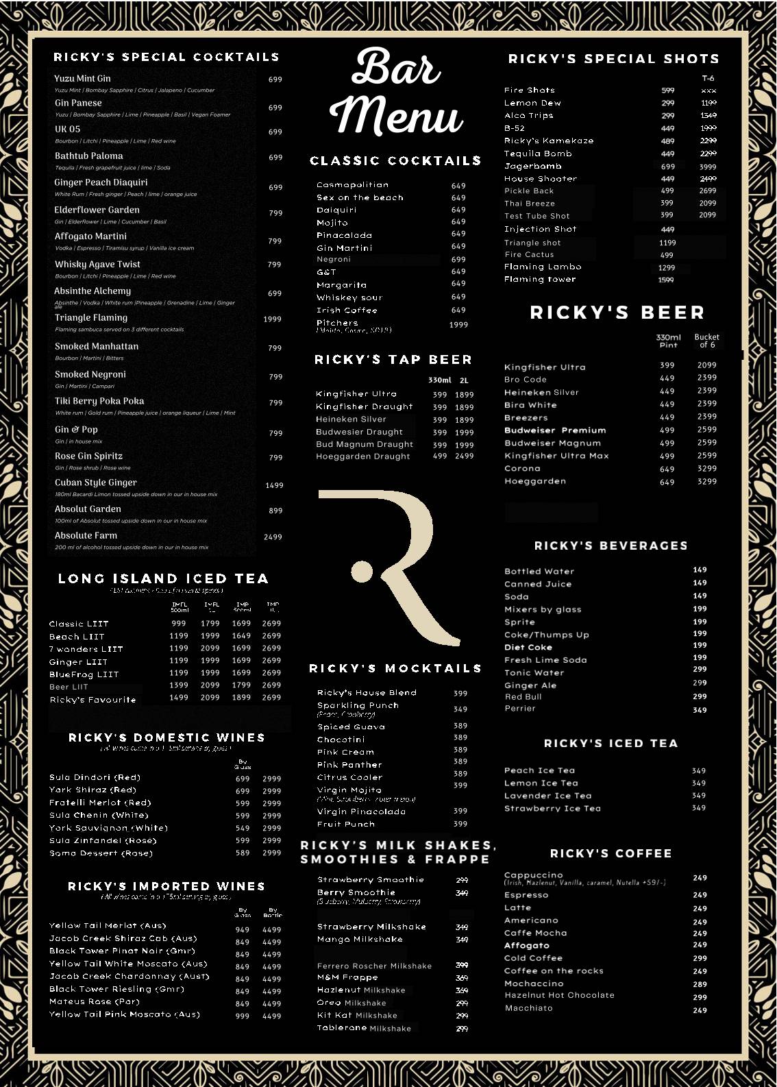 Rickys Bar & Kitchen menu