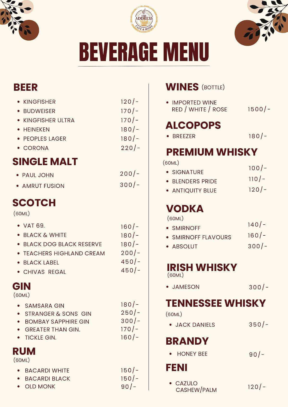 The Address Cafe & More menu