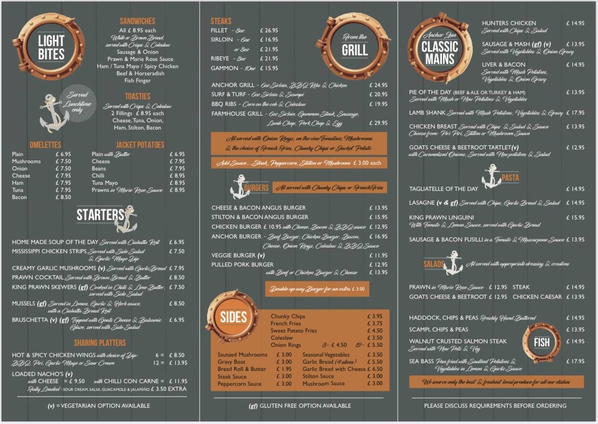 Menu at The Anchor Inn restaurant, Sutton Bridge