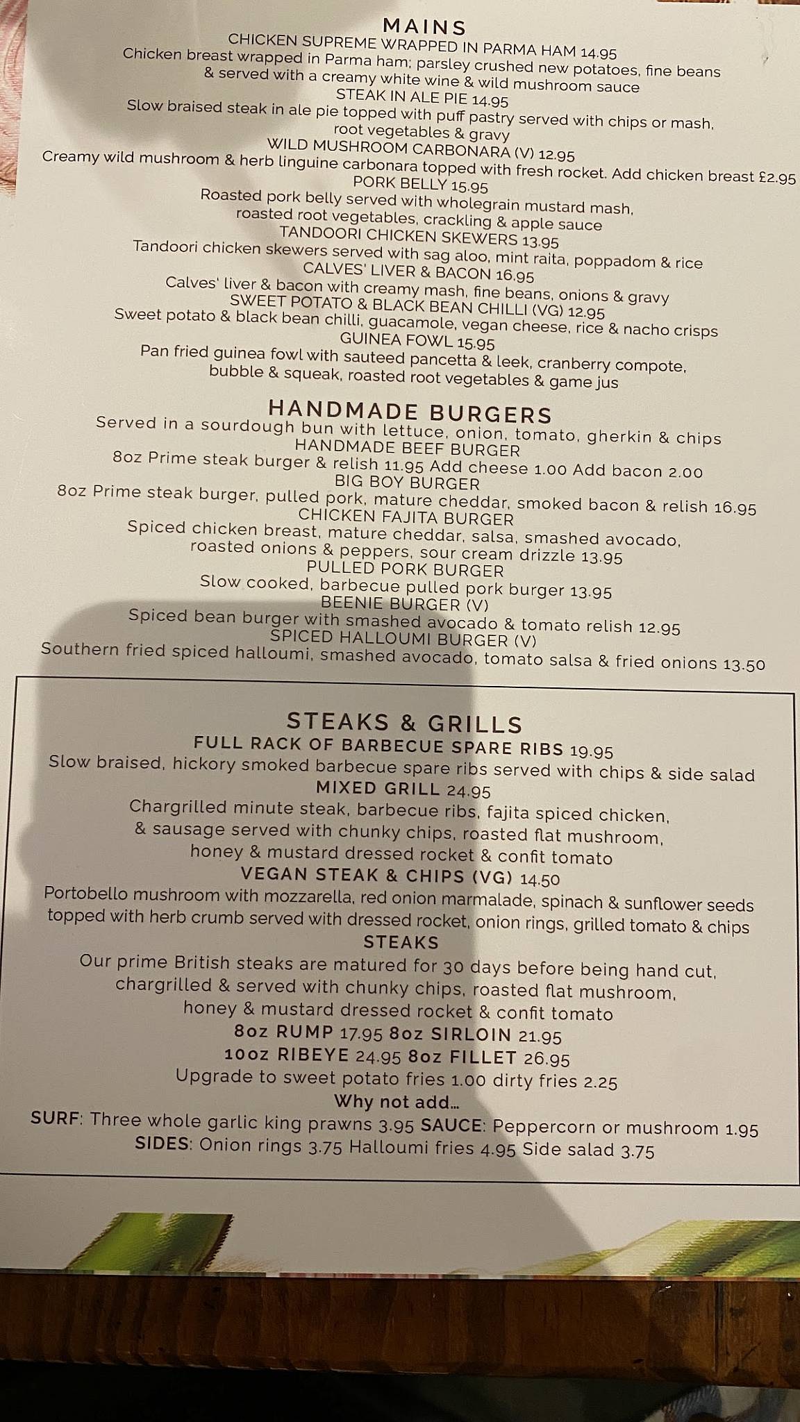 Menu at The Angel & Harp pub & bar, Great Dunmow