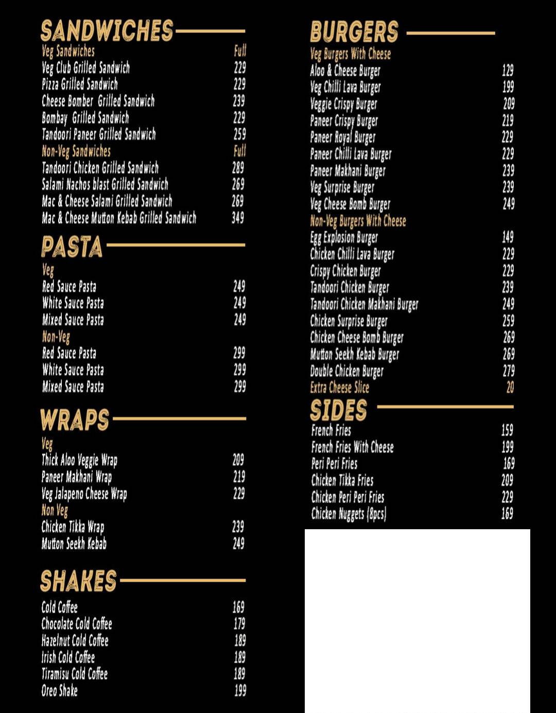 The Burger Quest menu