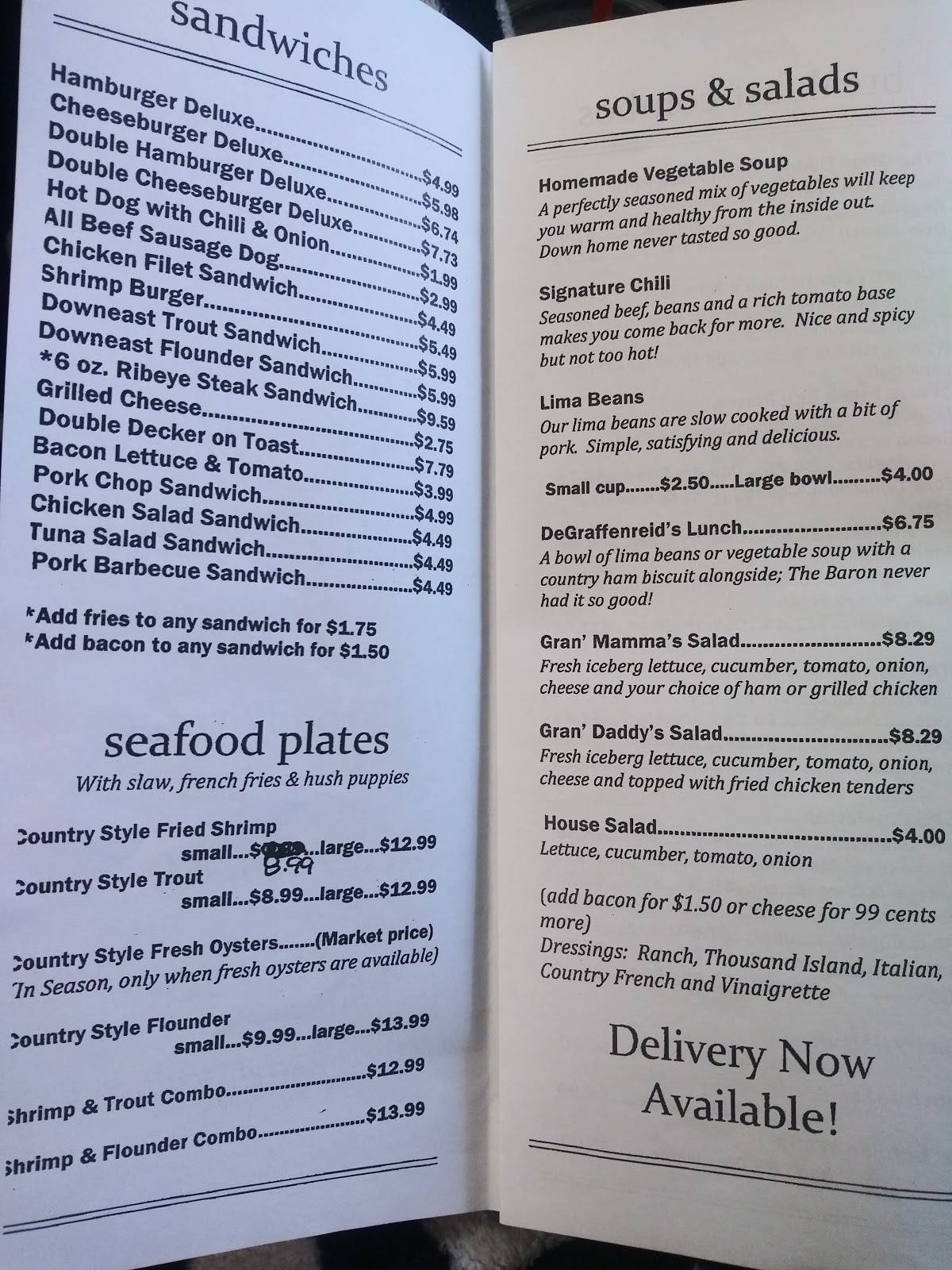 Menu at The Country Biscuit restaurant, New Bern