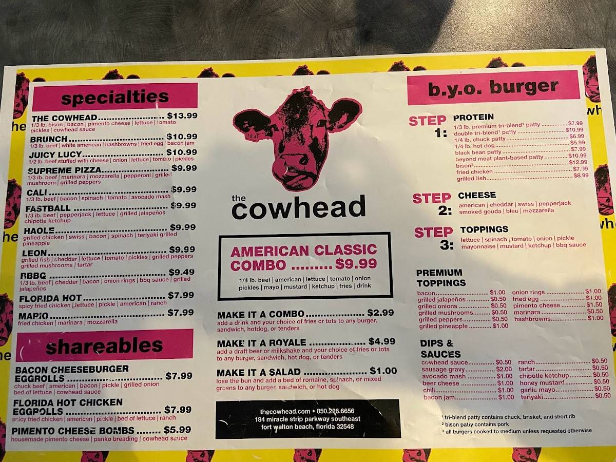 Menu at The Cowhead restaurant, Fort Walton Beach