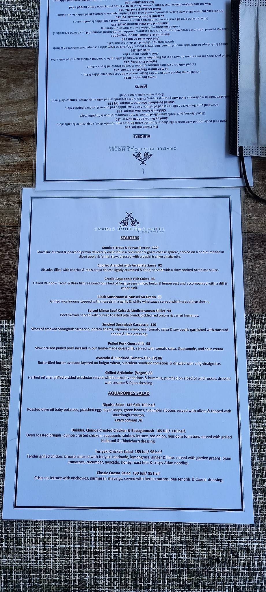 Menu at The Cradle Restaurant at Cradle Boutique Hotel, Krugersdorp