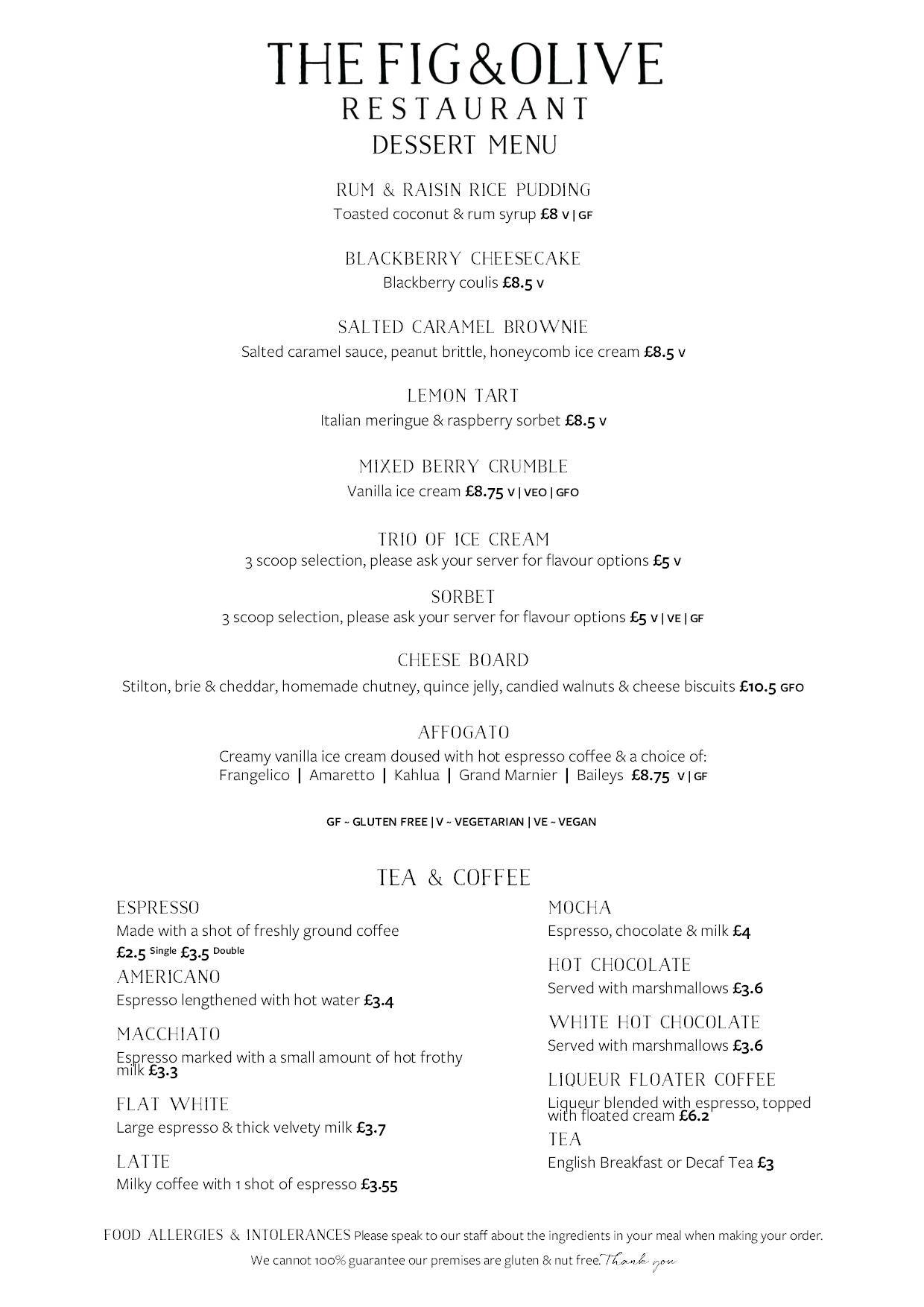 Menu at The Fig & Olive restaurant, Tamworth