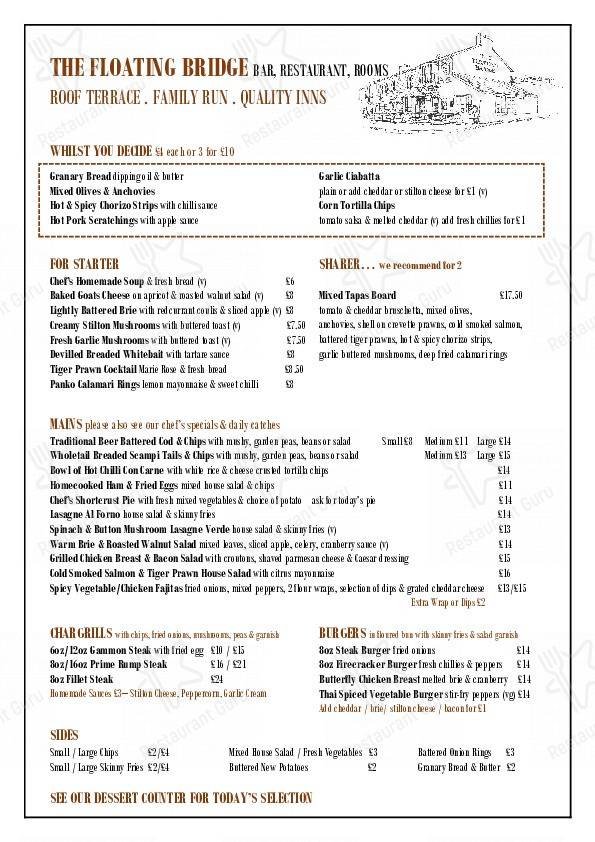 Menu at The Floating Bridge pub & bar, Dartmouth