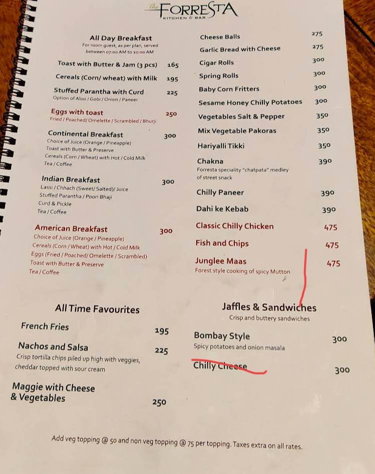 The Forresta Kitchen & Bar menu