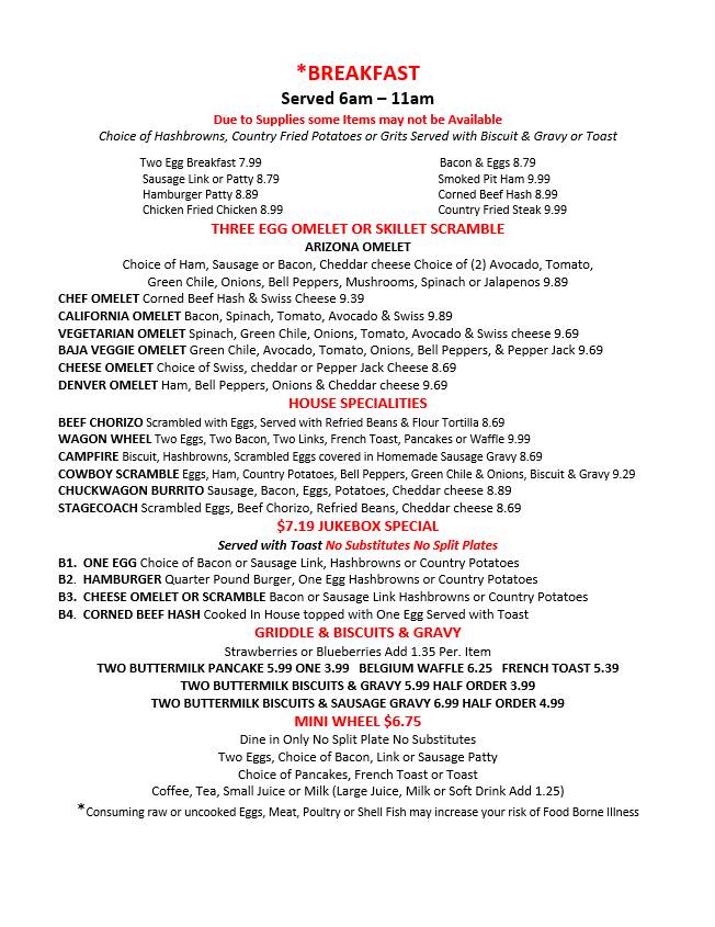 Menu at The Horseshoe cafe, Benson, 154 E 4th St