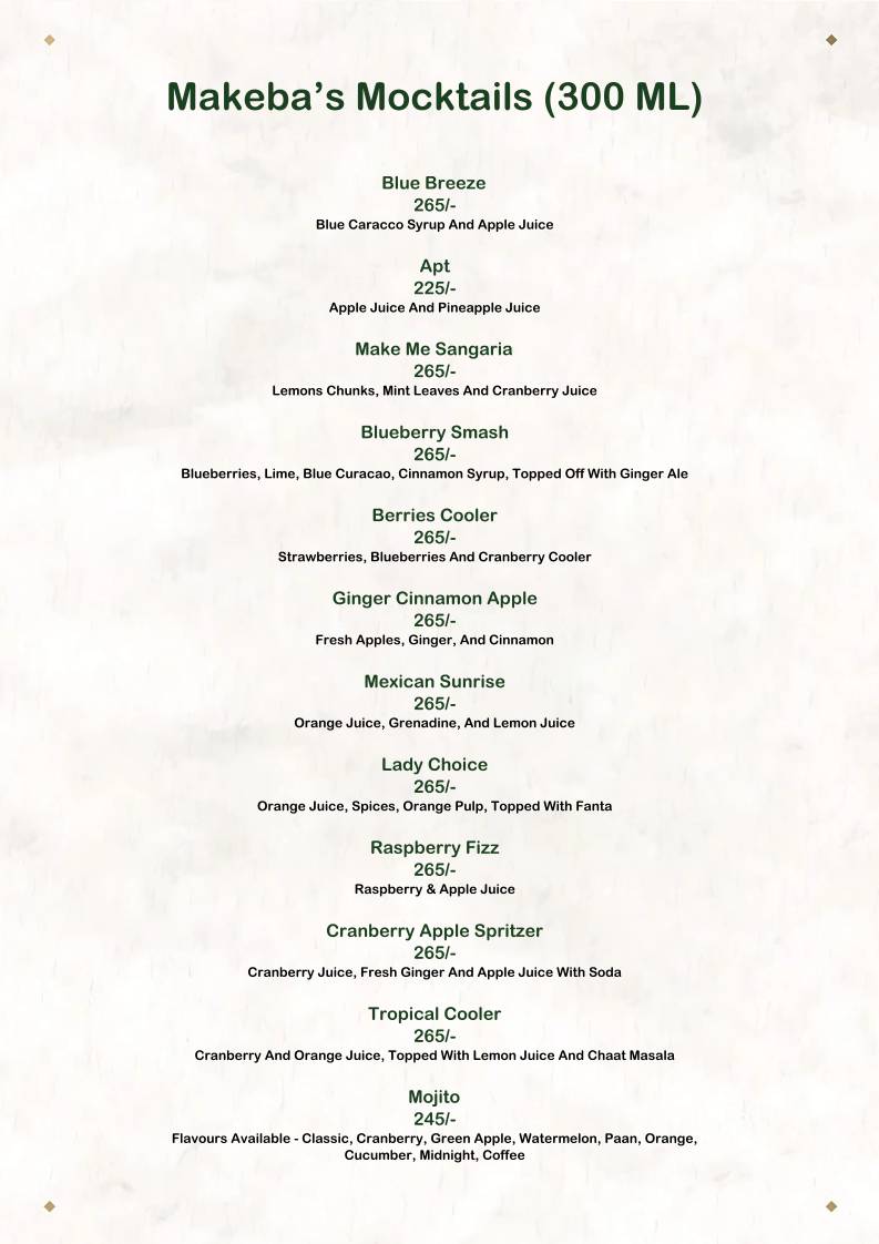 The House of Makeba - Veg Restaurant in Bhat, Ahmedabad menu