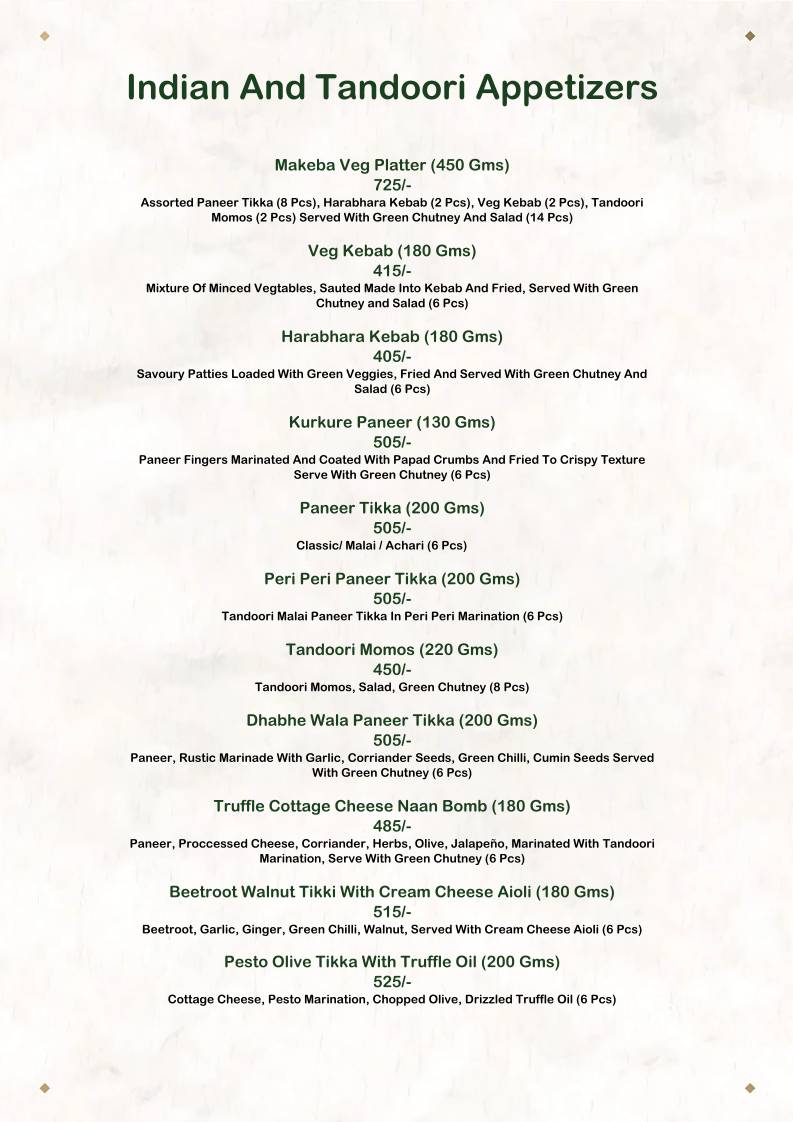 The House of Makeba - Veg Restaurant in Bhat, Ahmedabad menu