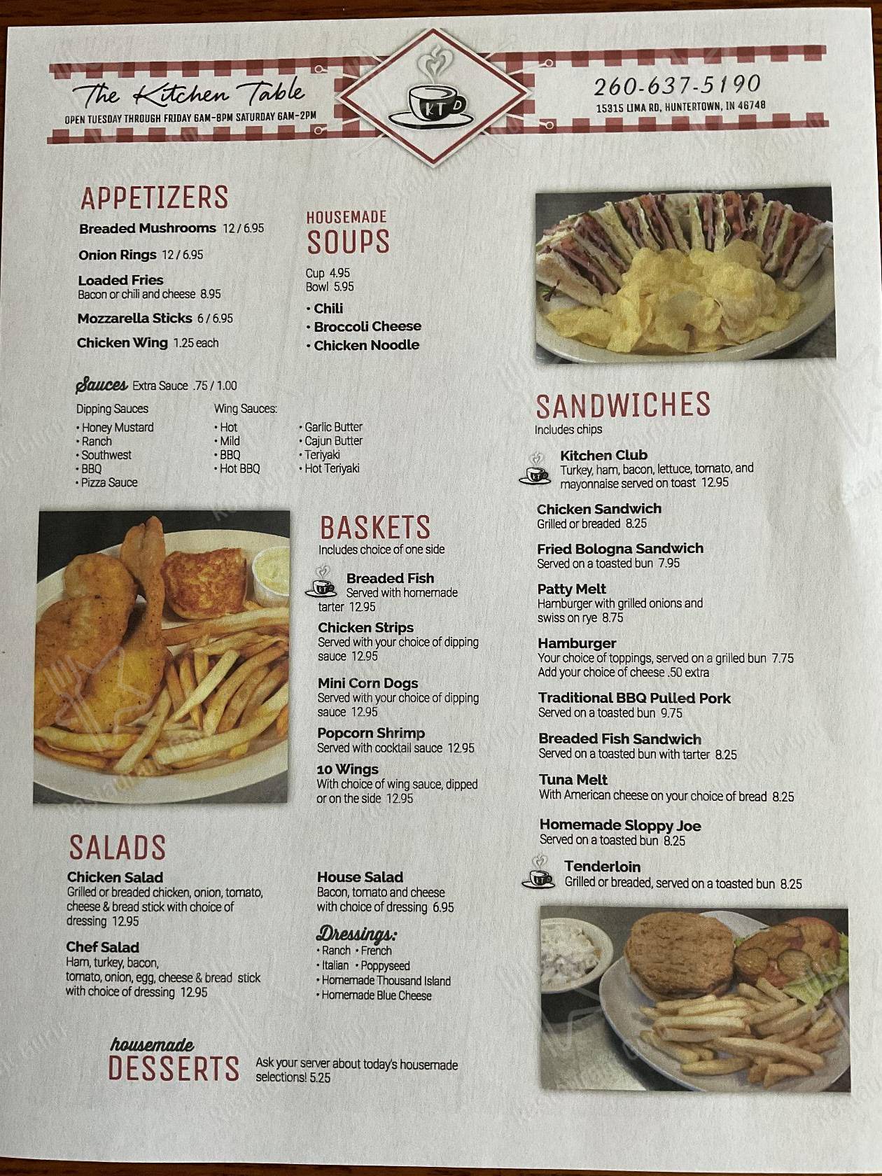 Menu at The Kitchen Table restaurant, Huntertown