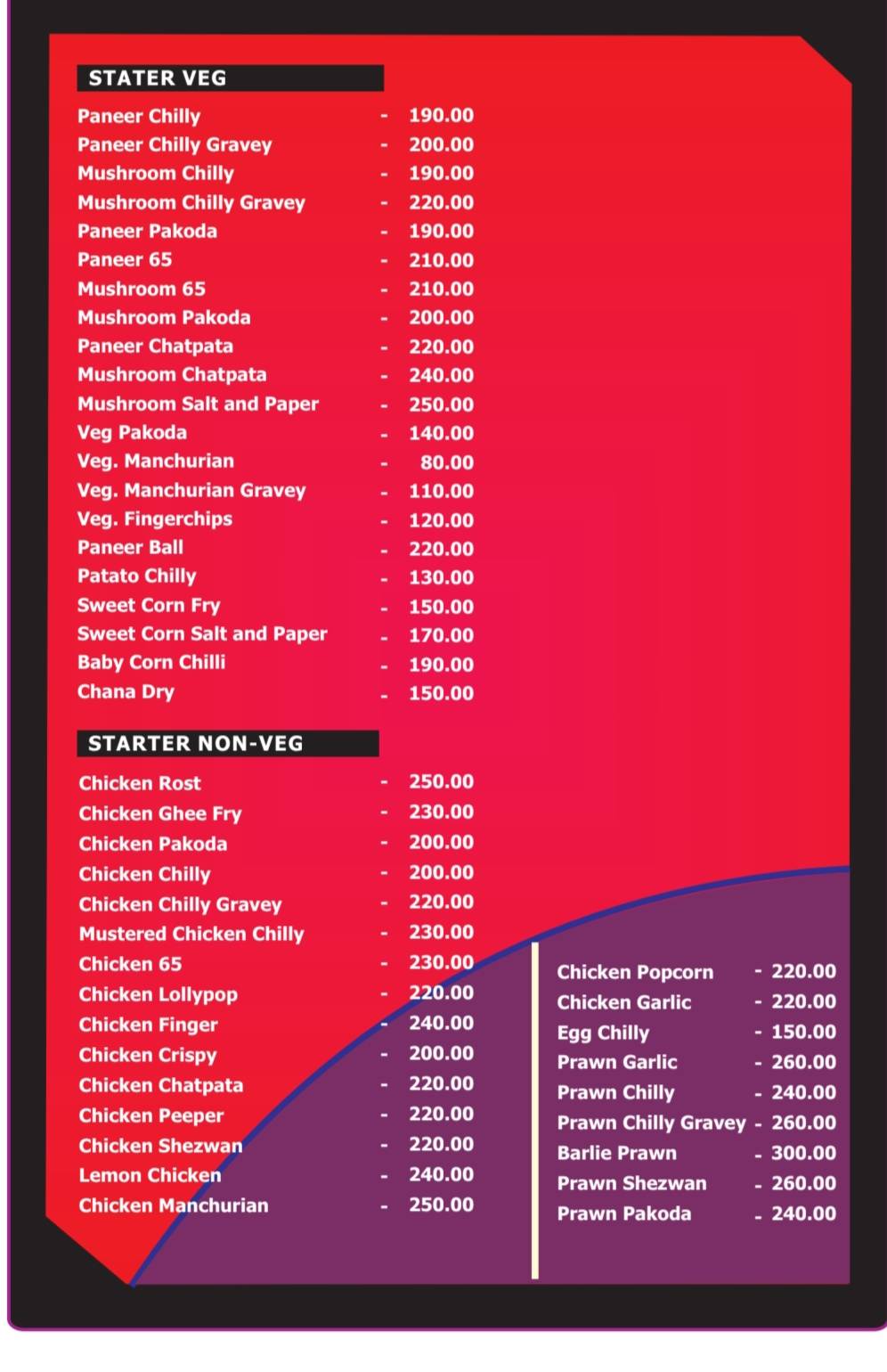 The Mom's kitchen and Cafe, Koelnagar menu