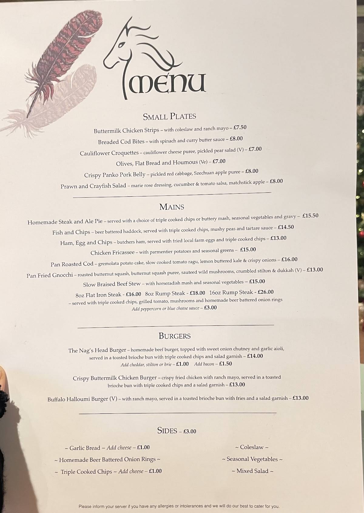 Menu at The Nags Head pub & bar, East Harling