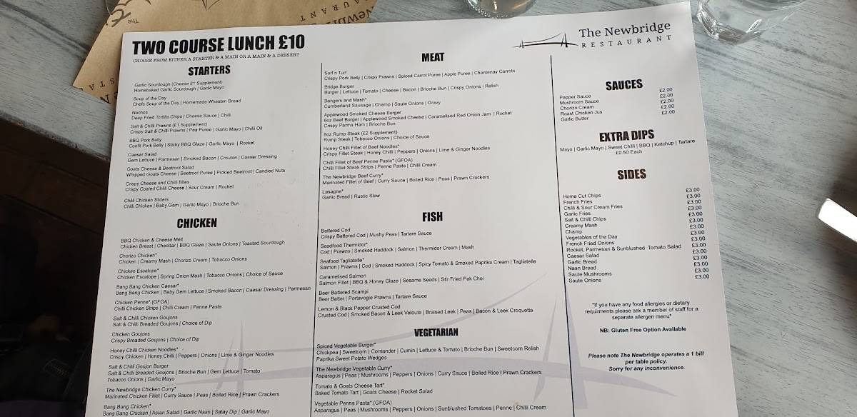 Menu at The Newbridge Restaurant, Coleraine