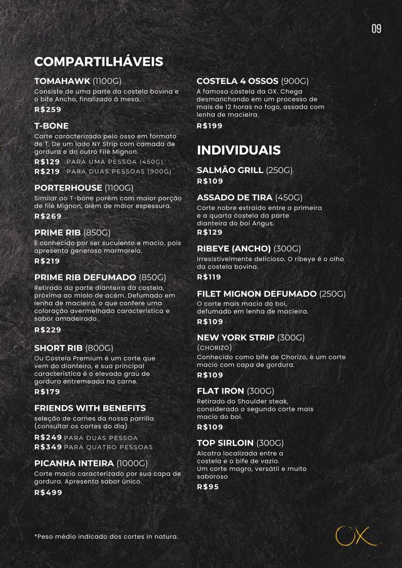 OX Room Steakhouse cardápio