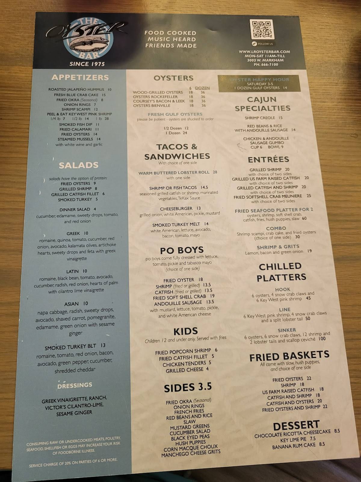 Menu at The Oyster Bar, Little Rock