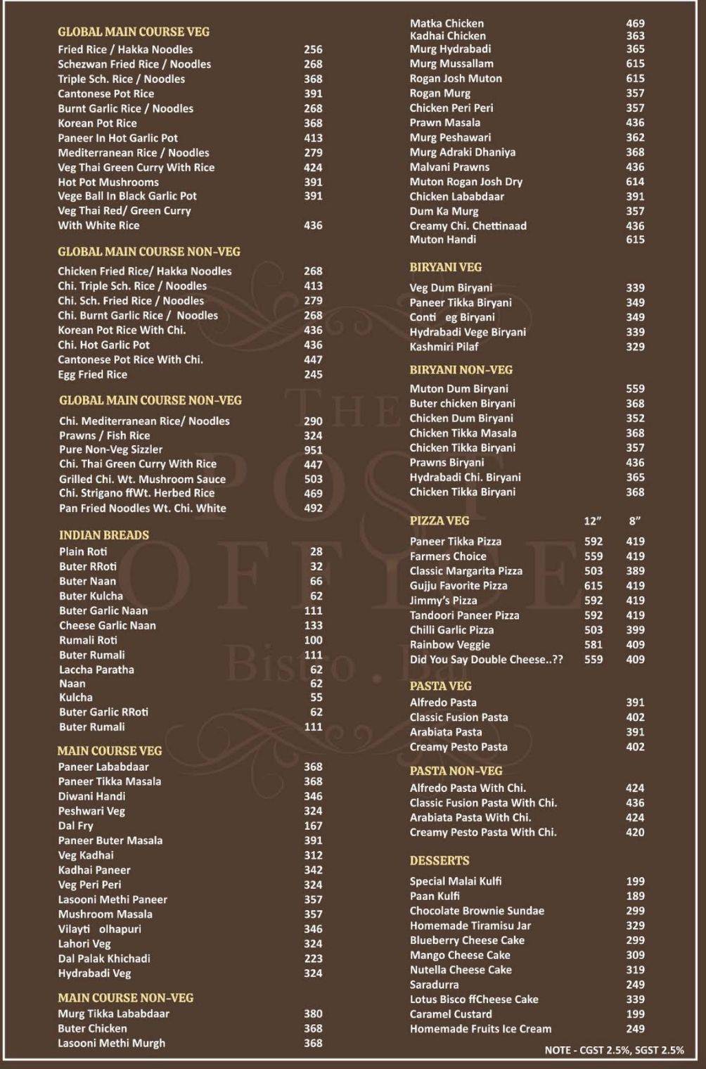 The Post Office Restaurant & Bar menu
