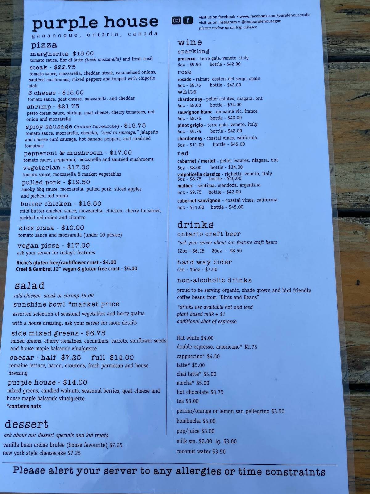 Menu at The Purple House Cafe, Gananoque