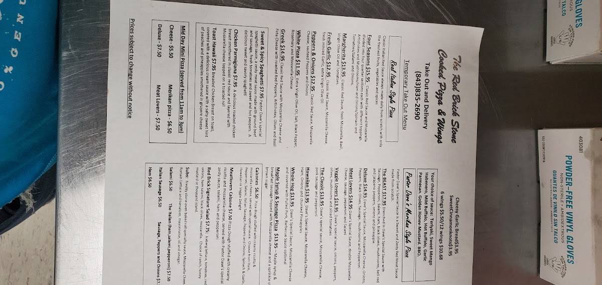 Menu at The Red Brick Pizza and Wings pizzeria, Cottageville