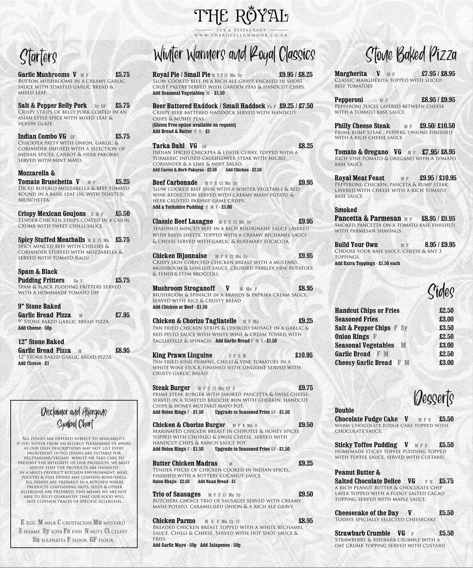 Menu at The Royal pub & bar, Low Moor, 5 Wooller Rd