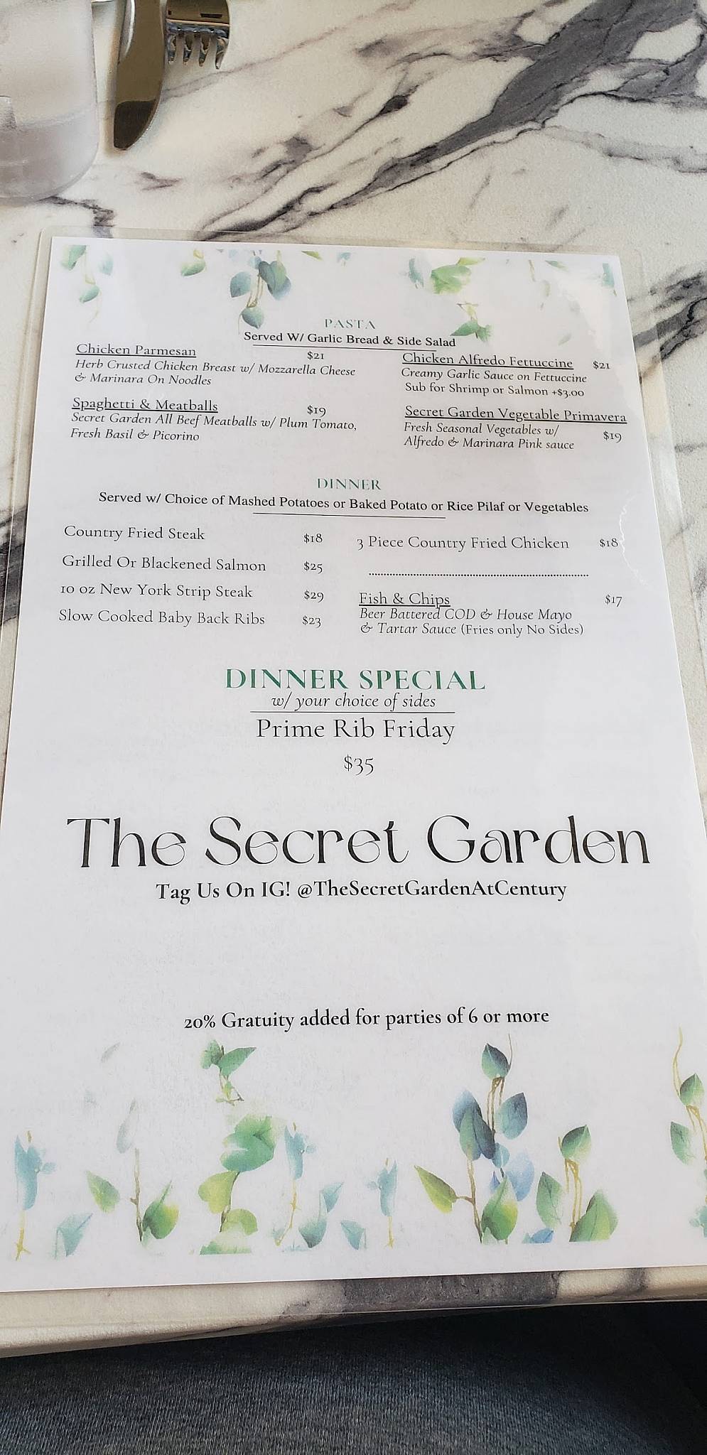 Menu at The Secret Garden restaurant, Modesto