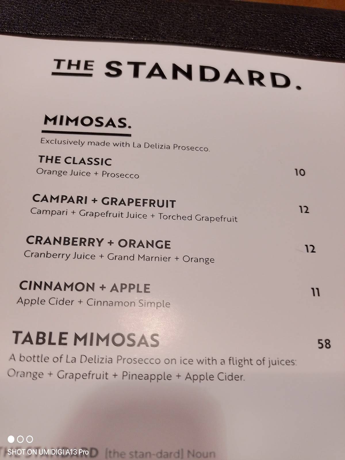 Menu de The Standard