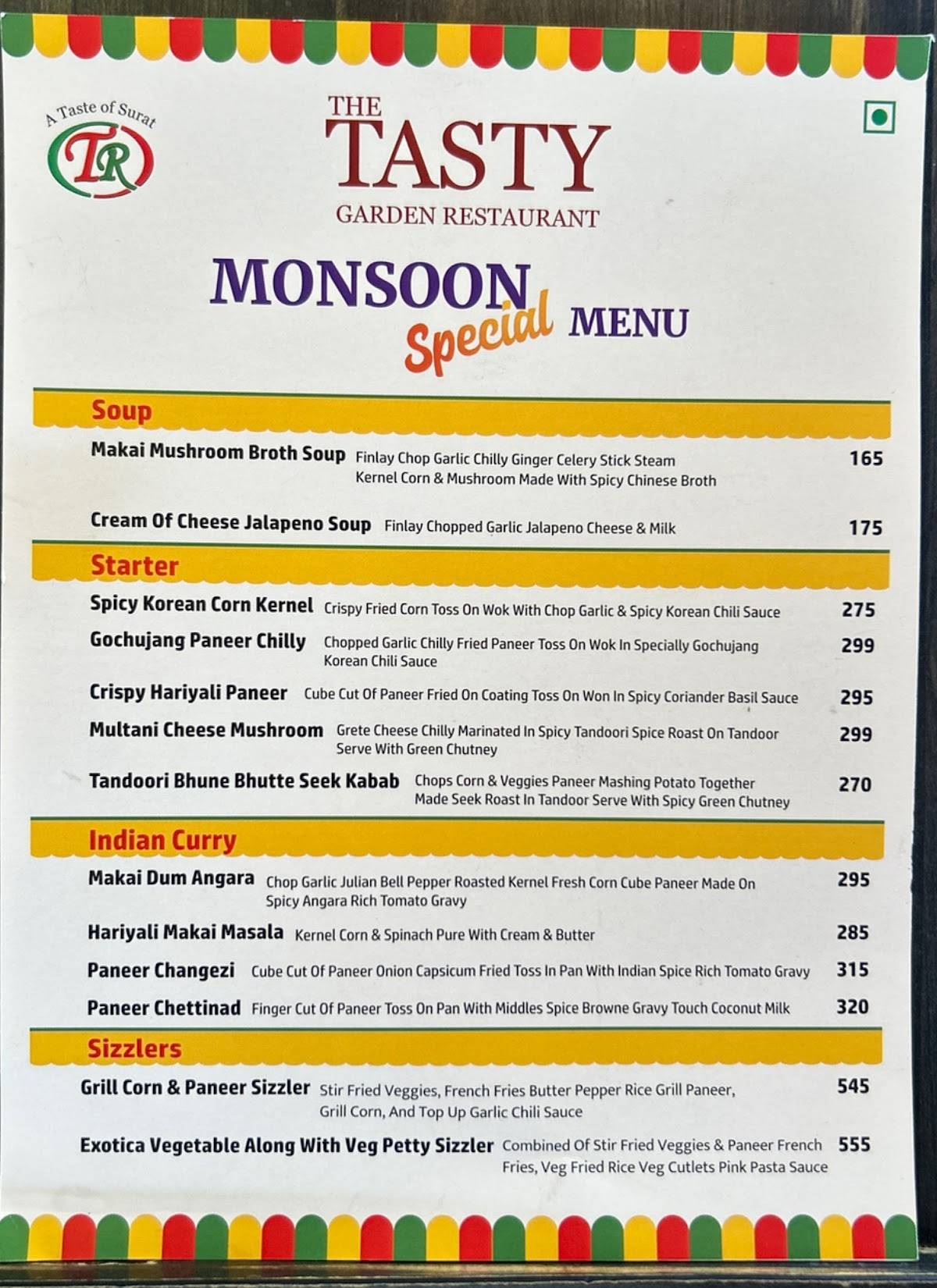 The Tasty Garden Restaurant & Banquet Hall menu