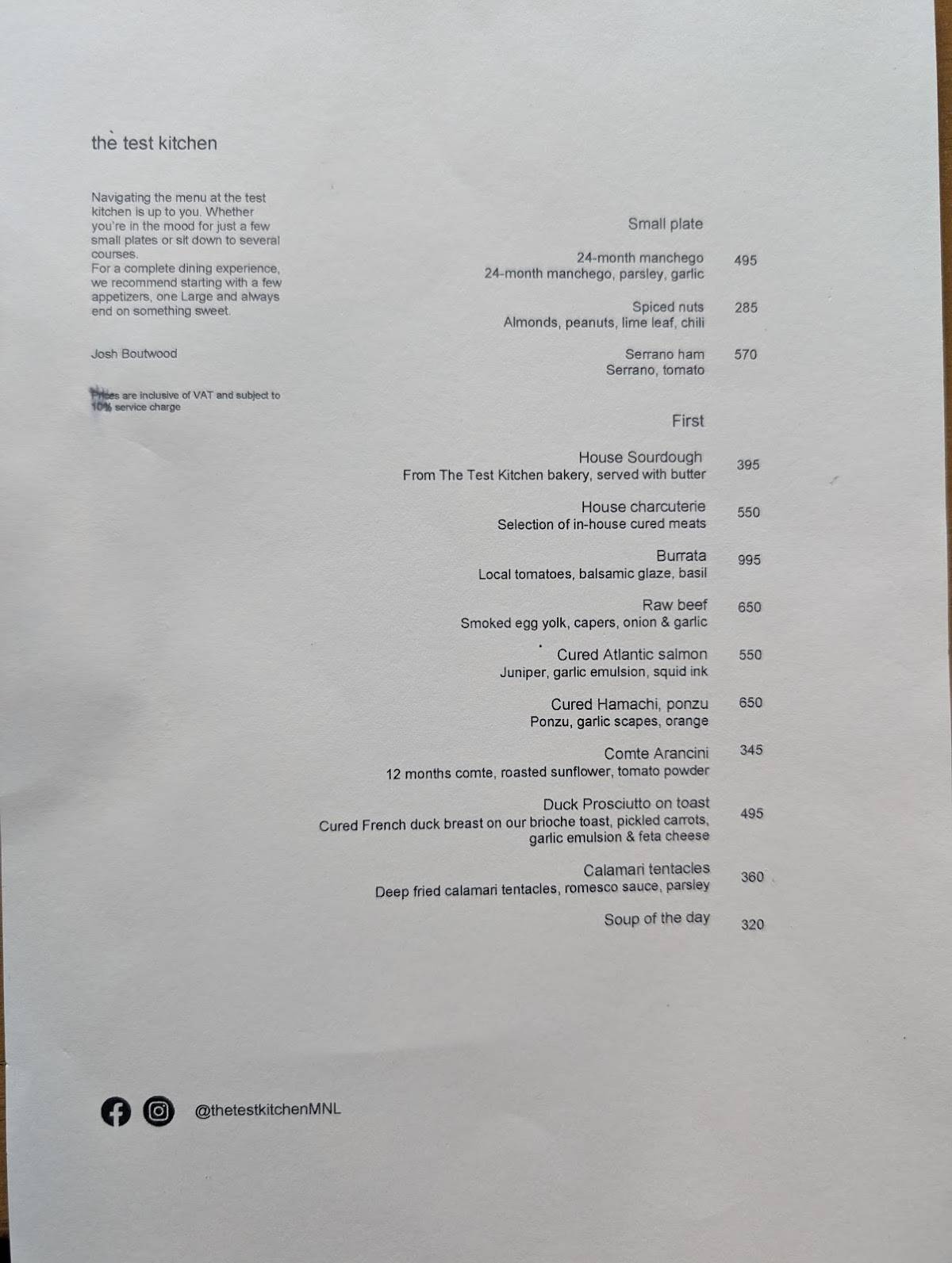 Menu at The Test Kitchen by Josh Boutwood restaurant, Makati, One ...