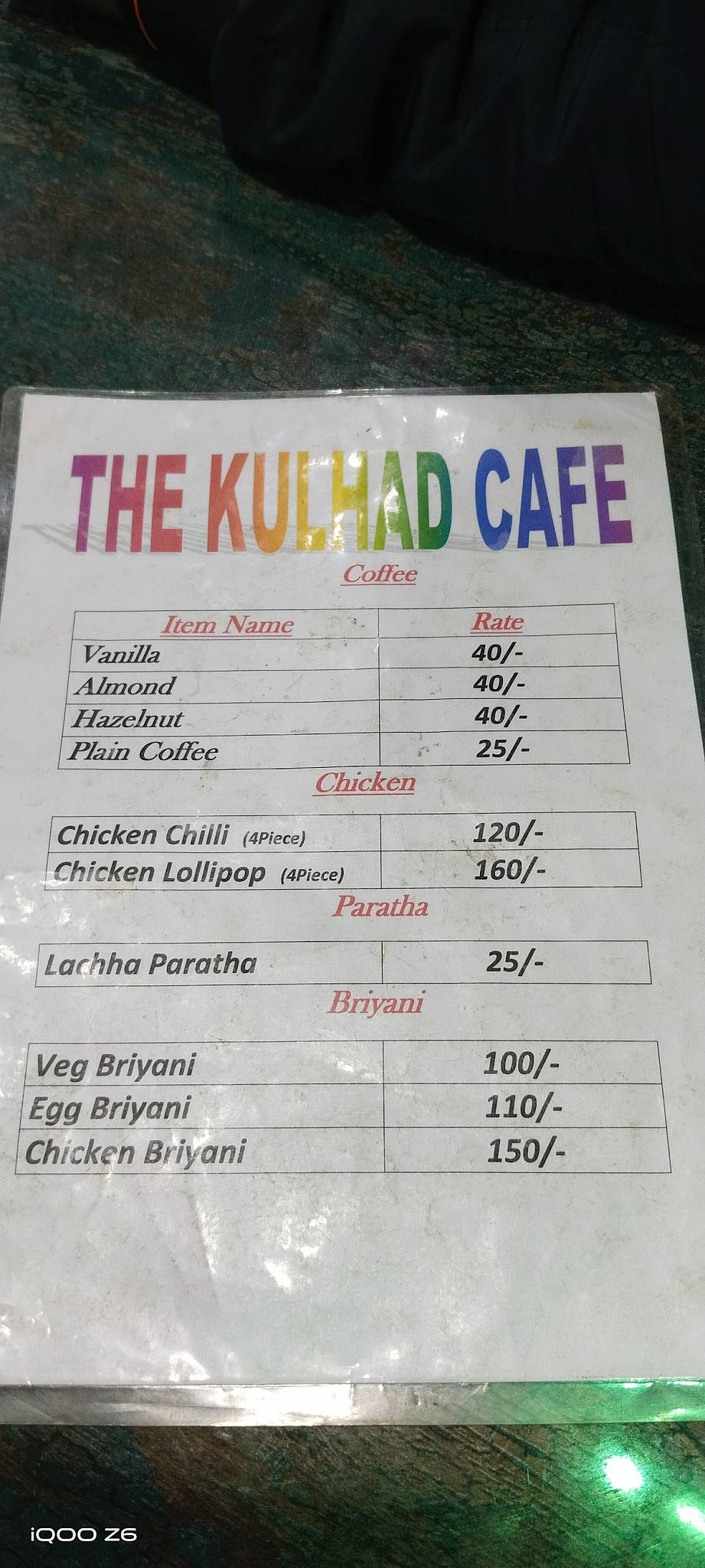The kulhad cafe menu