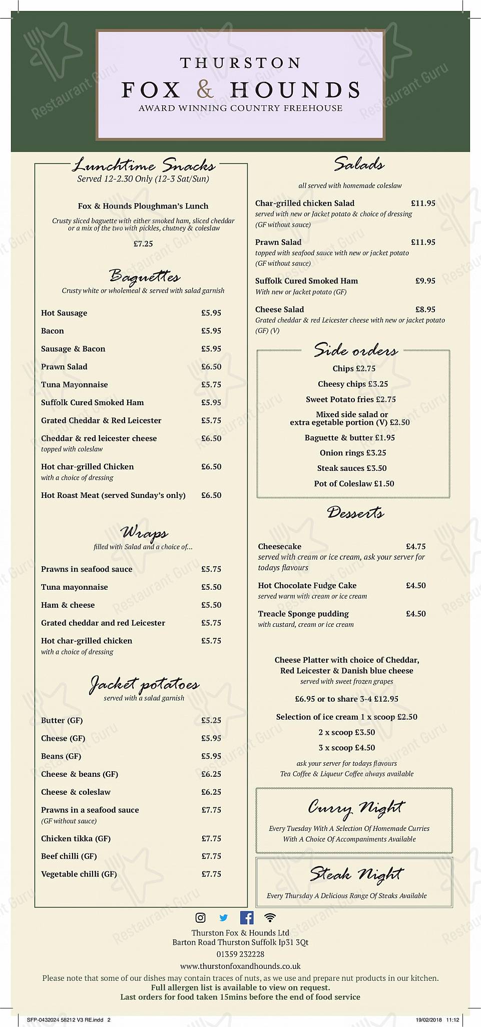 Menu at Fox and Hounds Thurston pub & bar, Thurston